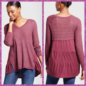 NWT Knox Rose Womens Pointelle Ruffle Hem Pullover Sweater Burgundy Small